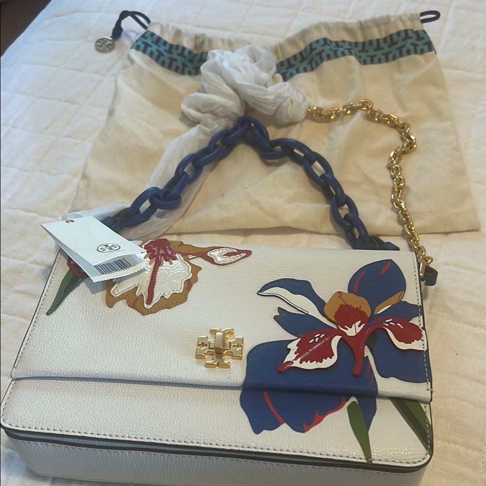 Tory Burch White and Blue Crossbody Bag with Floral Design